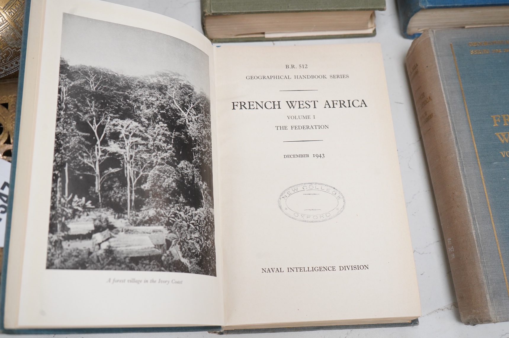 Naval Intelligence Division, Geographical Handbook Series - French Equatorial Africa & Cameroons (2 pocket maps), 1942; The Belgian Congo (2 pocket maps), 1944; French West Africa, 2 vols. (2 pocket maps), 1943-44 (4)